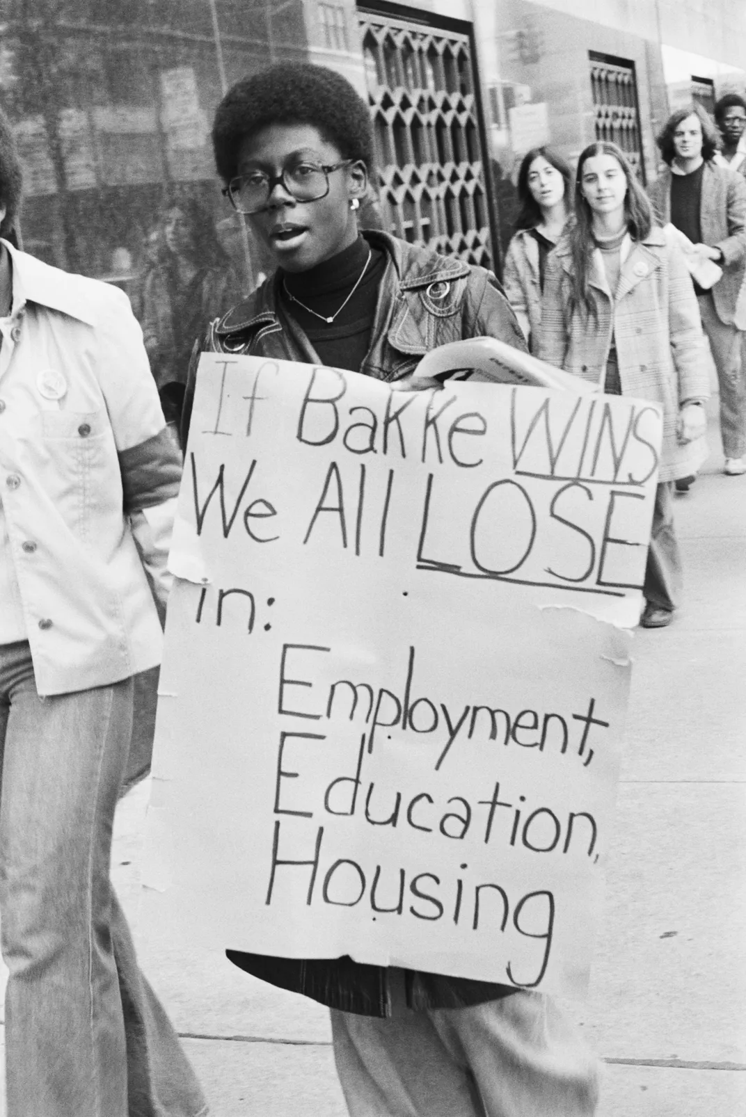 1977 photo of a protester attending a Bakke ​​​​​​​rally in Detroit, Michigan