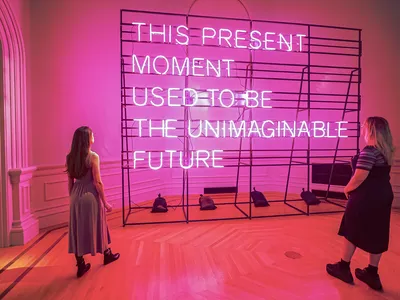 &quot;This Present Moment: Crafting a Better World,&quot; featuring Alicia Eggert&#39;s stunning 2019-2020 neon sculpture, is on view at the Renwick Gallery of the Smithsonian American Art Museum.