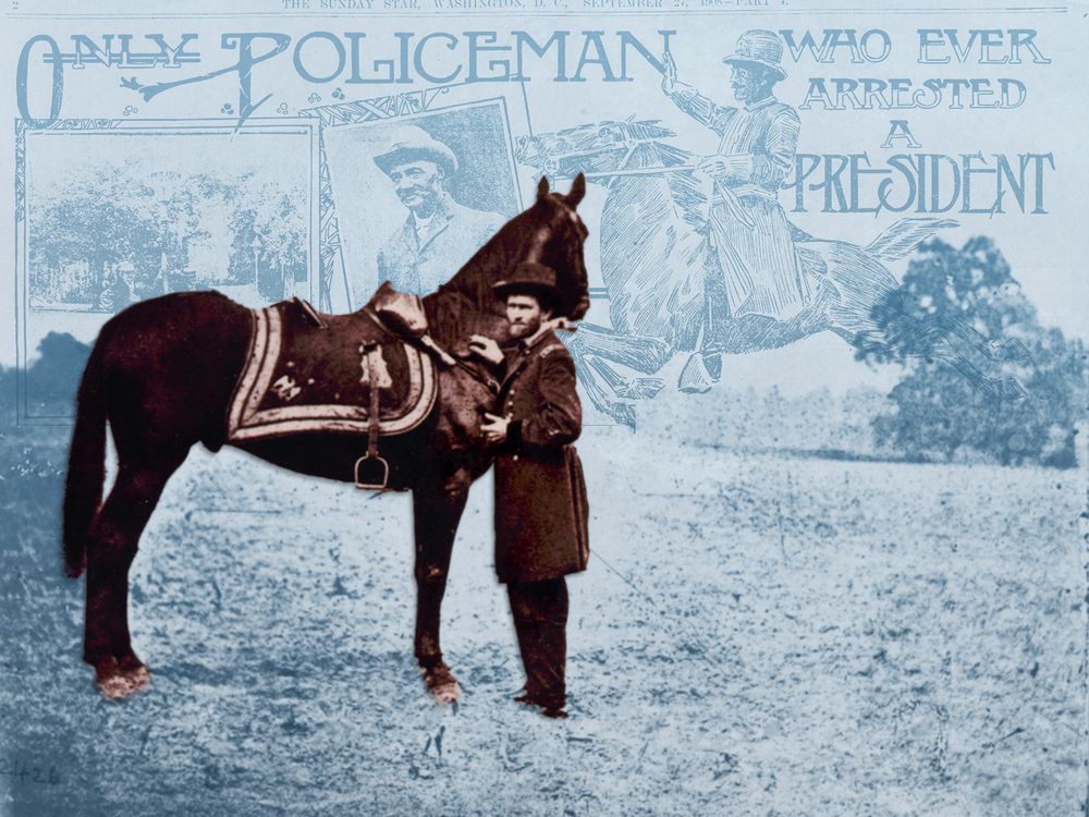 Illustration of Ulysses S. Grant with his racehorse Cincinnati, overlaid on a newspaper article about his 1872 arrest