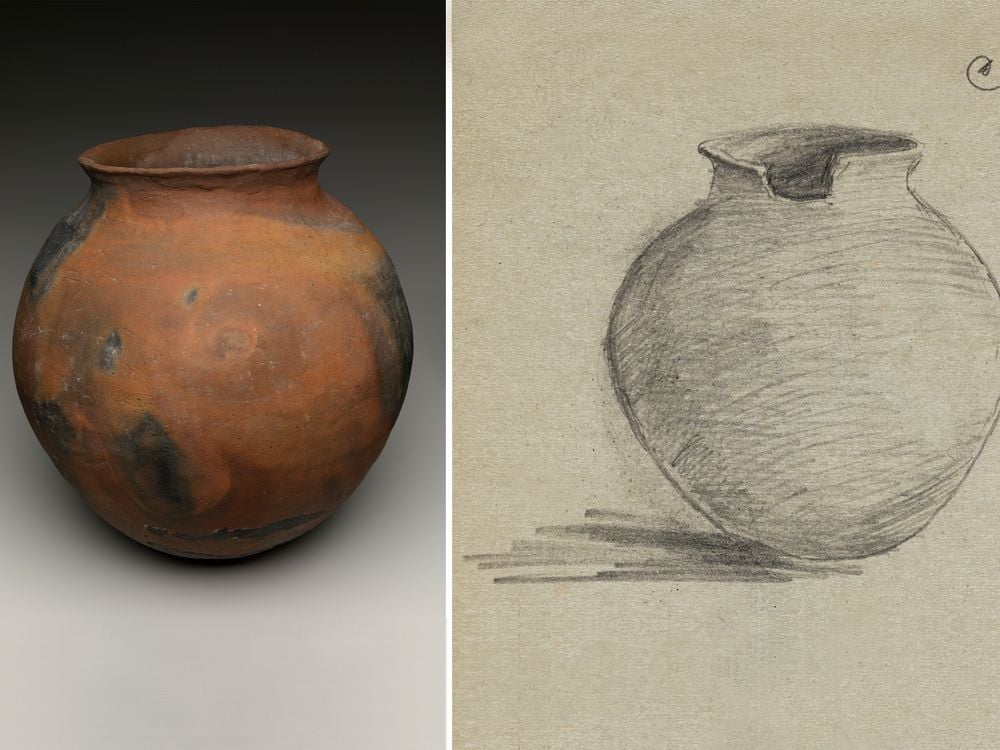 Ceramic olla purchased from Soledad Lala (Soboba Luiseño), Riverside, California, for the collections of the Museum of the American Indian, with a sketch by the collector, E. H. Davis. Olla: NMAI 7/1952. Drawing: Expedition Sketch Book, No. 2, November 1917. Edward H. Davis Papers, Huntington Free Library Collection 9166, Cornell University Library (National Museum of the American Indian, Smithsonian; sketch courtesy of the Cornell University Library)