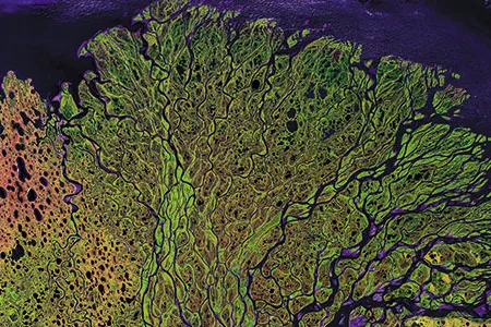 Emptying into the Arctic Ocean, the 2,800-mile-long Lena River in Siberia forms one of the world’s largest deltas.