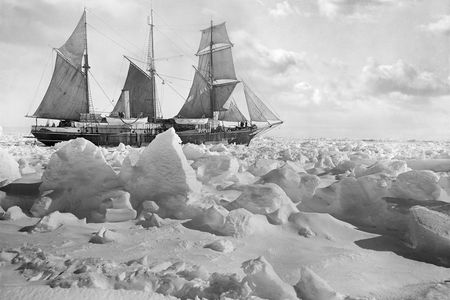 When the crew felt they had a good chance of freeing the trapped Endurance from the sea ice of the Weddell Sea, they put the sails up. As we know, this and other attempts failed. Realizing the ship wasn't moving, Hurley went onto the ice to take this photograph. New details of sea ice have been revealed.