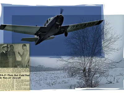 The author and Dick Anderson (left and center in news clip) were trained to fly the F3H Demon, but it was a rented Mooney Mk-20A—one with an unreliable fuel gauge—that bedeviled them.