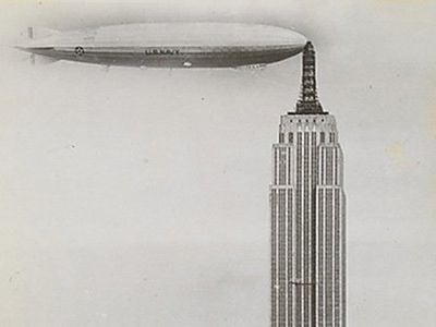 The dirigible Los Angeles &quot;docking&quot; at the Empire State Building. The composite 1930 photograph is from the Metropolitan Museum of Art&#39;s traveling exhibition, &quot;Faking It: Manipulated Photography before Photoshop.&quot;