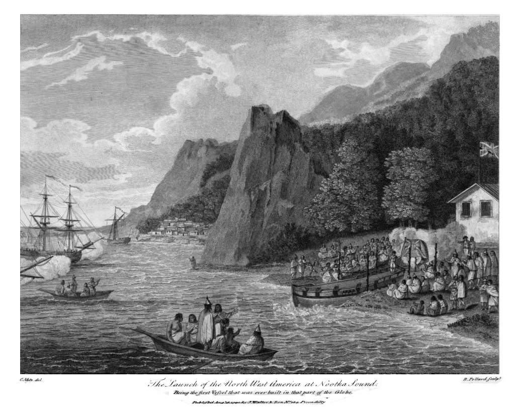 The launch of a British merchant ship called North West America at Nootka Sound in 1788