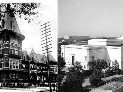 Left: Baltimore and Potomac Railroad Terminal, 6th Street & Constitution Avenue, Washington, D.C. Opened in 1873, demolished in 1908.
Right: View of the Constitution Avenue entrance, north side, of the National Gallery of Art.