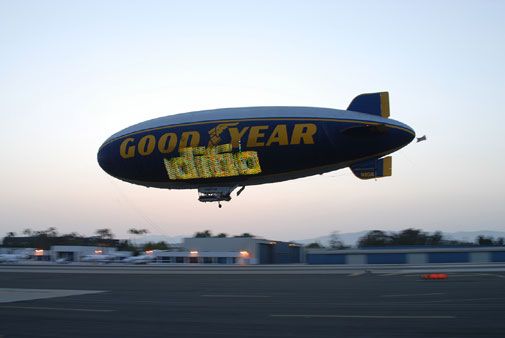 The Goodyear Blimp drops in (briefly) on Santa Monica airport.