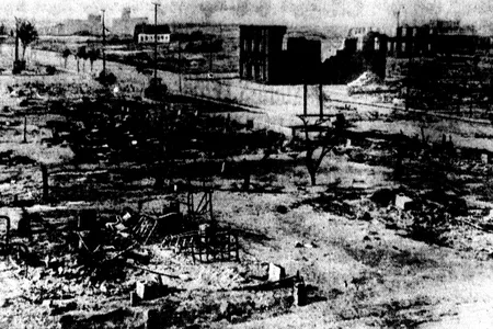 In 1921, white Tulsans razed the prosperous Black neighborhood of Greenwood, killing some 300 people. Pictured here are the ruins of the district.