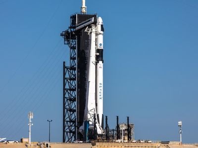 SpaceX Falcon 9 rocket at Launch Complex 39A at Kennedy Space Center in the days before the first crewed launch of the Crew Dragon spacecraft.