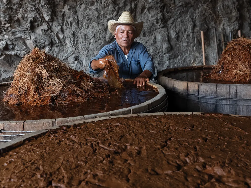 José Santiago of Palenque Don Lencho, in San Pablo Guilá village, with wooden vats of fermenting agave prior to distillation