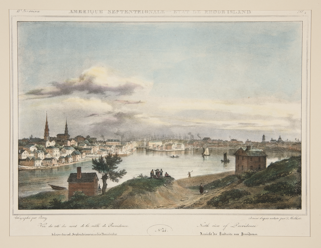 1828 lithograph showing view looking south from Smith’s Hill, with some of the buildings along the north shore of the Cove in the mid-ground
