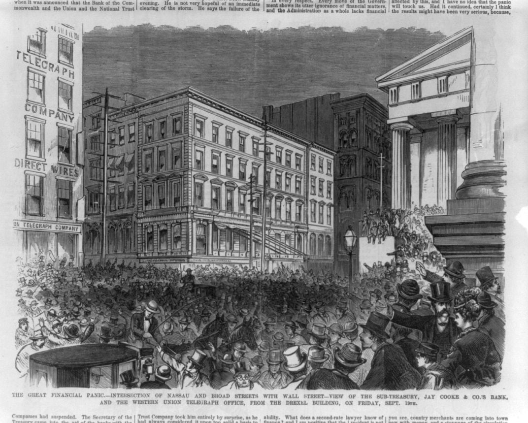An illustration of the chaos on Wall Street outside of Jay Cooke & Company's offices on September 19