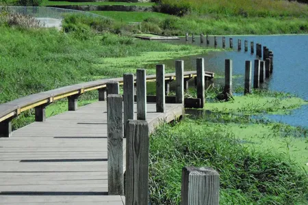 A winding walkway from Mary Miss'&nbsp;Greenwood Pond: Double Site&nbsp;in 2014