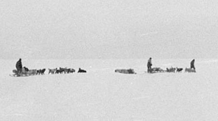 The last photo of Mawson's Far Eastern Party, taken when they left the Australasian Antarctic Party's base camp on November 10, 1912. By January 10, 1913, two of the three men would be dead, and expedition leader Douglas Mawson would find himself exhausted, ill and still more than 160 miles from the nearest human being.