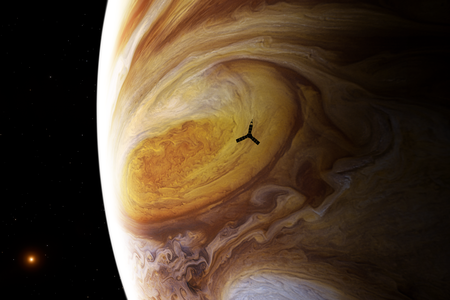 An artistic rendering of Juno approaching the Great Red Spot while orbiting Jupiter