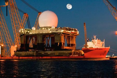 The SBX, shown here on a cargo vessel in Texas, practiced two days of "weather avoidance" when Hurricane Emily arrived in the Gulf of Mexico during 2005 testing. The range of the array inside the dome is limited only by Earth's curvature.