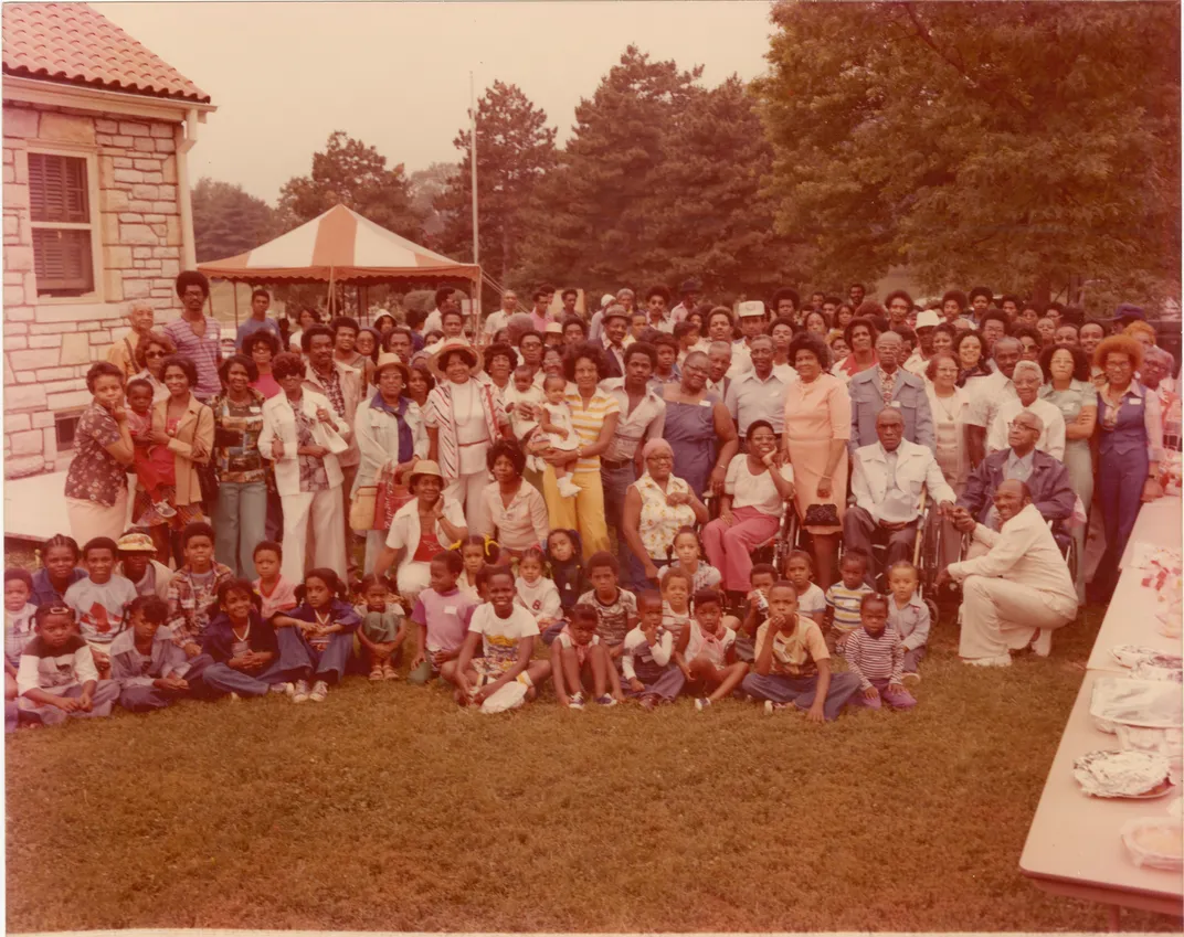 Photograph of large outdoor gathering, c. 1980