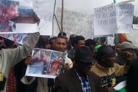 People protest the Ethiopian government's alleged killing of Oromo students and seizure of Oromo lands in Addis Ababa in 2014. 