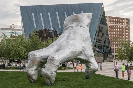 Tony Tasset, "Judy's Hand Pavilion," 2018. Installation view at Toby's Plaza, Case Western Reserve University. Commissioned by FRONT International: Cleveland Triennial for Contemporary Art in collaboration with Toby Lewis and the John and Mildred Putnam Collection at Case Western Reserve University. July 14-September 30, 2018.