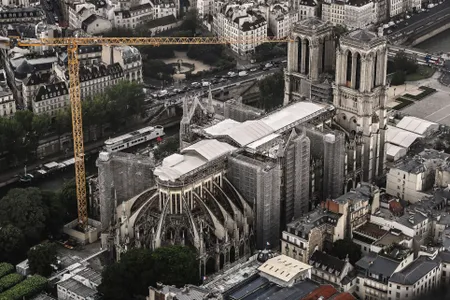An aerial view of the ongoing efforts to reconstruct Paris' Notre-Dame Cathedral, pictured in June 2021