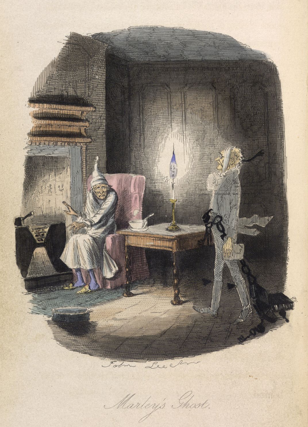 An illustration of Jacob Marley's ghost from the first edition of A Christmas Carol​​​​​​​