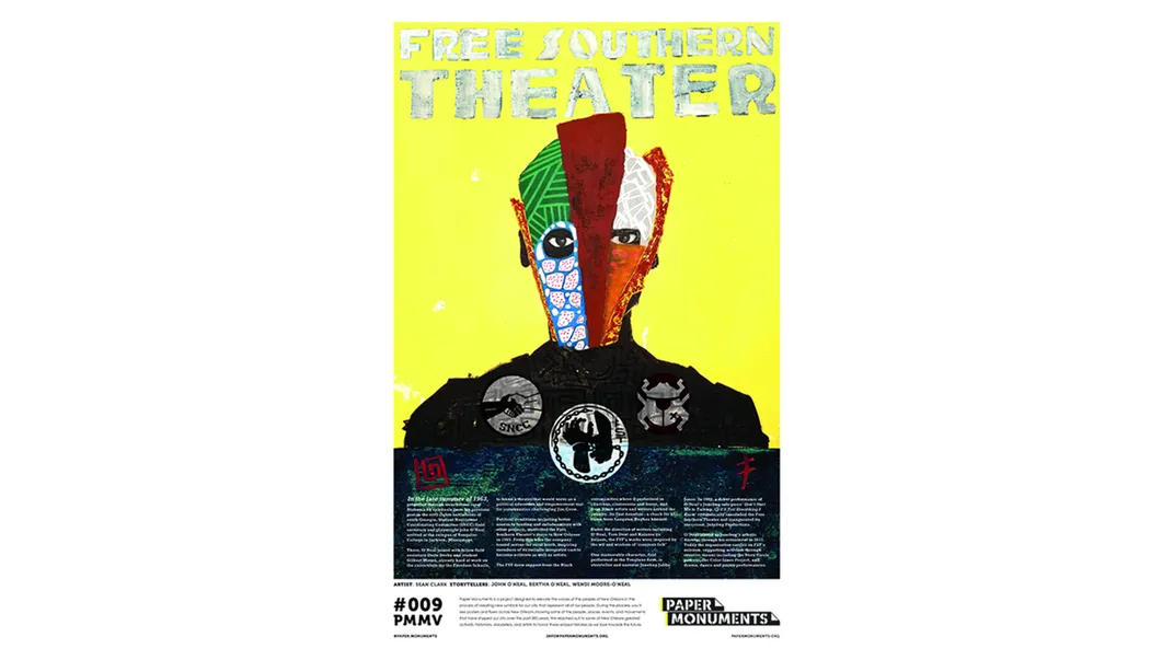 A silhouette of a person wearing a colorful patterned mask and the words ‘Free Southern Theater’ above its head