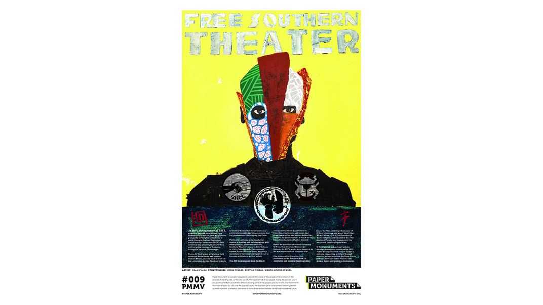 A silhouette of a person wearing a colorful patterned mask and the words ‘Free Southern Theater’ above its head