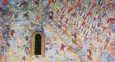 The Sucevita Monastery was built in the last decades of the 16th century in the Moldavian style, a blend of Byzantine and Gothic art and architecture. The exterior walls' striking frescoes (above, "The Ladder of Virtues," contrasting the order of heaven with the chaos of hell) still retain their brilliant hues.