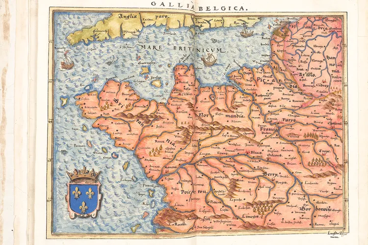This map shows an English flag flying over Calais, an English territory lost to France in 1558.