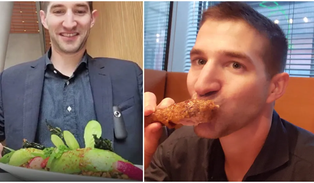 Split image of man eating in restaurants