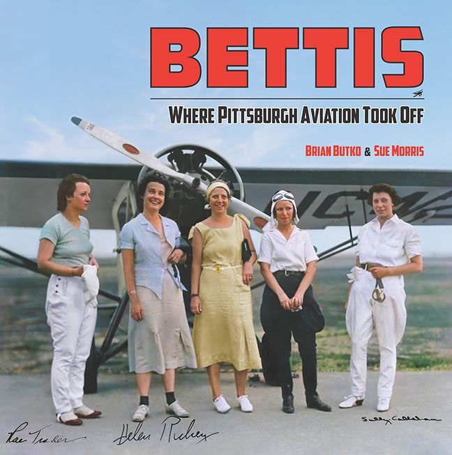 Bettis book cover featuring 5 women standing in front of a propellor plane