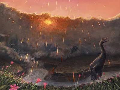 Reconstruction of debris surging into the Tanis River as impact spherules rain down from the sky. A dinosaur tries to get away from the disaster.