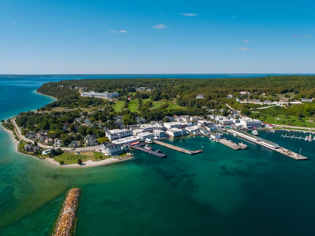 An aerial view of Mackinac Island