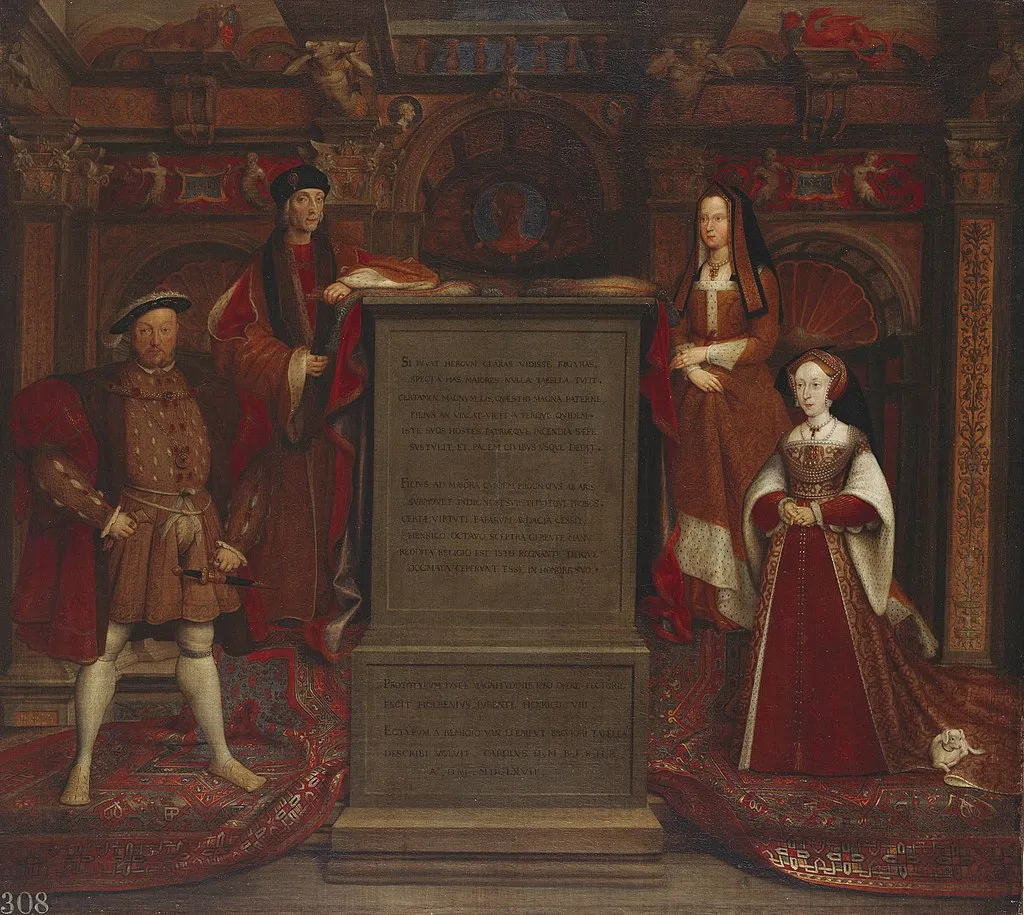 A dynastic portrait of the Tudors, featuring (clockwise from left) Henry VIII, Henry VII, Elizabeth of York and Jane Seymour
