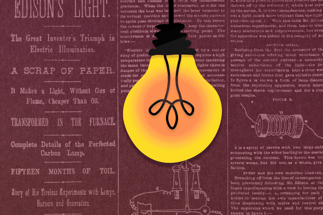 An illustration of a lightbulb flickering in front of a newspaper article about Edison's lightbulb