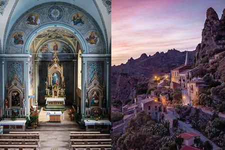 Left, the 19th-century Church of Santa Lucia, in Longiaru, in northern Italy. Right, the largely abandoned southern village of Pentedattilo.
