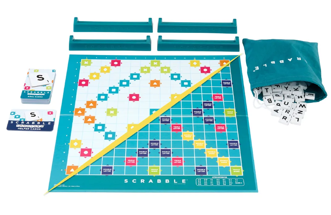 Scrabble board game against white background