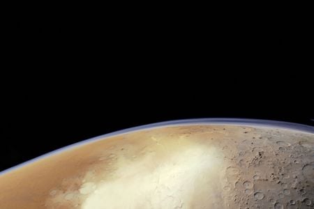 Mars (photographed here by the European Mars Express orbiter) has a thin atmosphere--useful for landers parachuting down to the surface, and the subject of interest for orbiters like the UAE's Hope spacecraft.