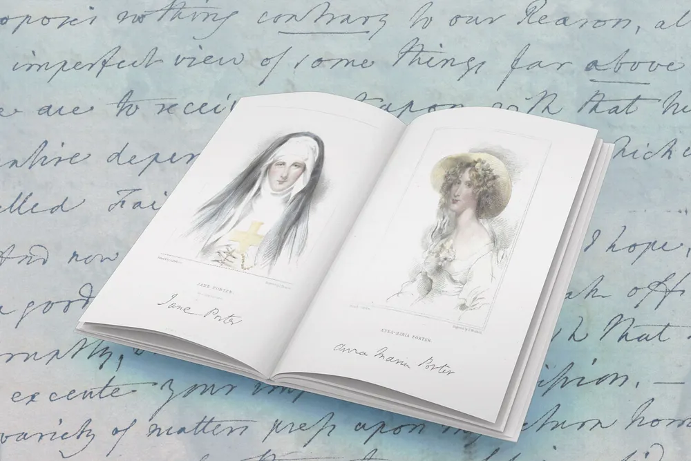Illustration of the Porter sisters' portraits in an open book