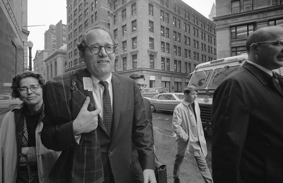 William Sloane Coffin Jr., followed by his sister, arrives at federal building in Boston on May 20, 1968.