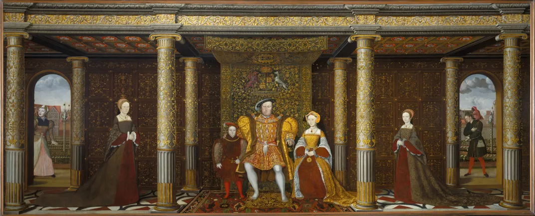 Henry chose to include Jane, rather than his then-wife, Catherine Parr, in this dynastic portrait. Painted around 1545, the work depicts Edward, Henry and Jane at its center and Mary and Elizabeth in the wings.