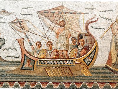 This third-century mosaic discovered at Dougga depicts a scene from Homer's epic poem The Odyssey in which Ulysses and his crew avoid the lure of Sirens. It is significant for being among the few ancient illustrations of the passage.