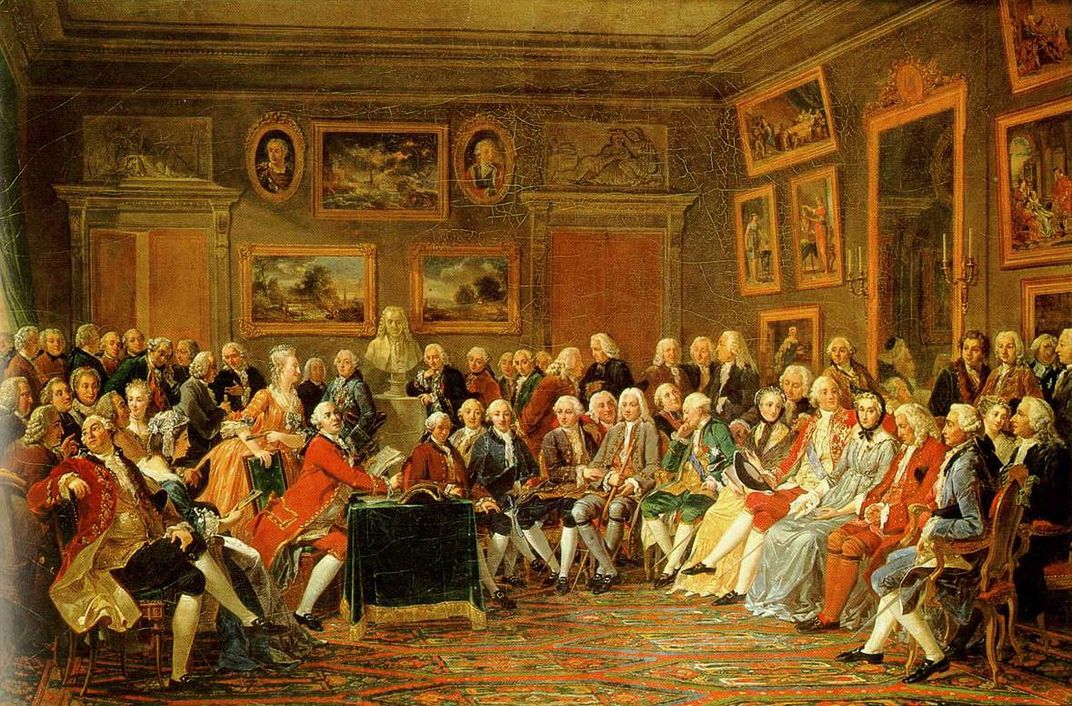 A Lemonnier painting of a 1755 reading of Voltaire's tragedy L'Orphelin de la Chine in the salon of Marie Thérèse Rodet Geoffrin