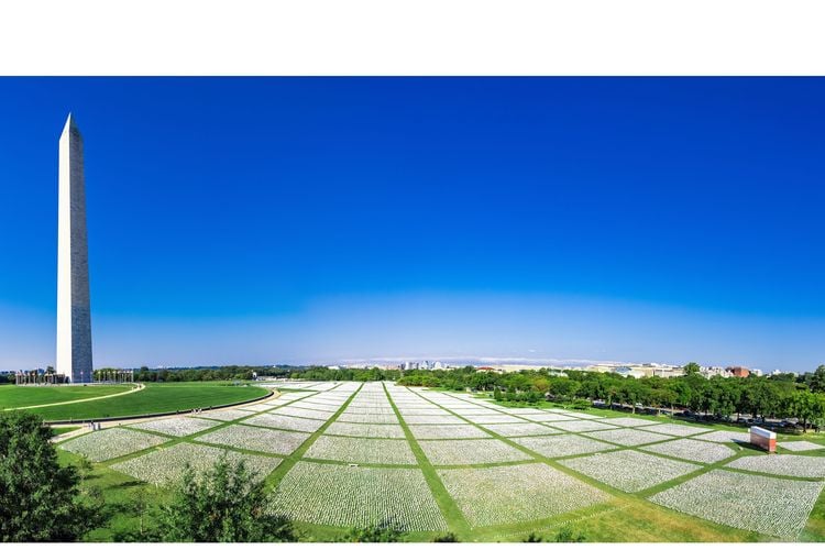aerial shot of hundreds of thousands of gridded flags on the National Mall, with the Washington Monument on left