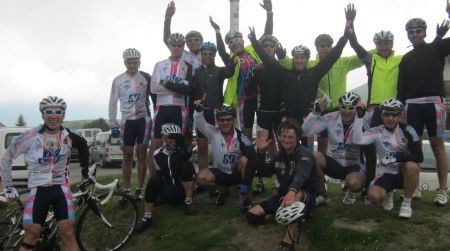The author was recruited very temporarily by this traveling team of cyclists from Corsica when he arrived at Col du Soulor (1,474 meters/4,724 feet).