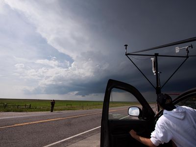 Purdue storm chaser Andrew Arnold watches a developing supercell in southern Kansas. His 2009 work was part of an earlier VORTEX project, which studied the “tornado alley” storms in the U.S. midwest.