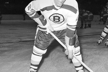 Boston Bruins forward Willie O'Ree warms up prior to a game against the New York Rangers in 1960.