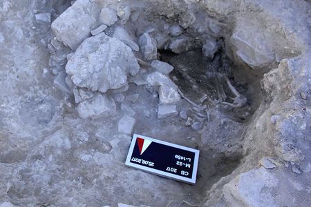 Researchers found the skeleton of a human (pictured) and dog left behind by a tsunami that destroyed coastal communities along the Mediterranean Sea some 3,600 years ago.