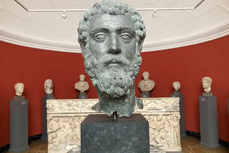 The bronze head of the Roman emperor Septimius Severus on display at the Ny Carlsberg Glyptotek museum in Copenhagen