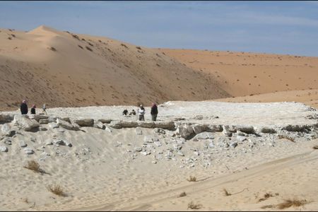 Researchers identified seven prehistoric human footprints at Alathar, a dried-up lake bed in Saudi Arabia.